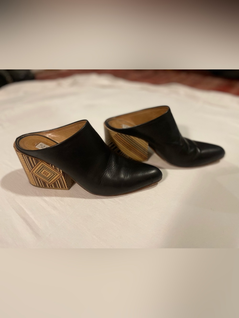 Gabriella Hearst mules with stunning 3”Inlaid Wood Block Heel 🖤🤎🧡🖤🤎🧡
